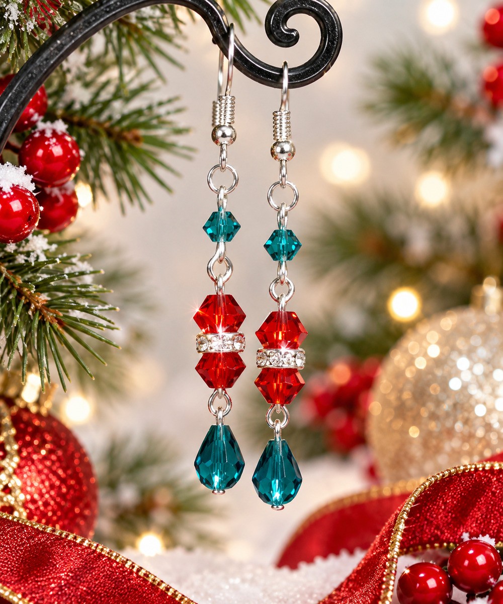 Festive Teardrop Bi-Cone Rhinestone Holiday Fishhook Earrings #C33